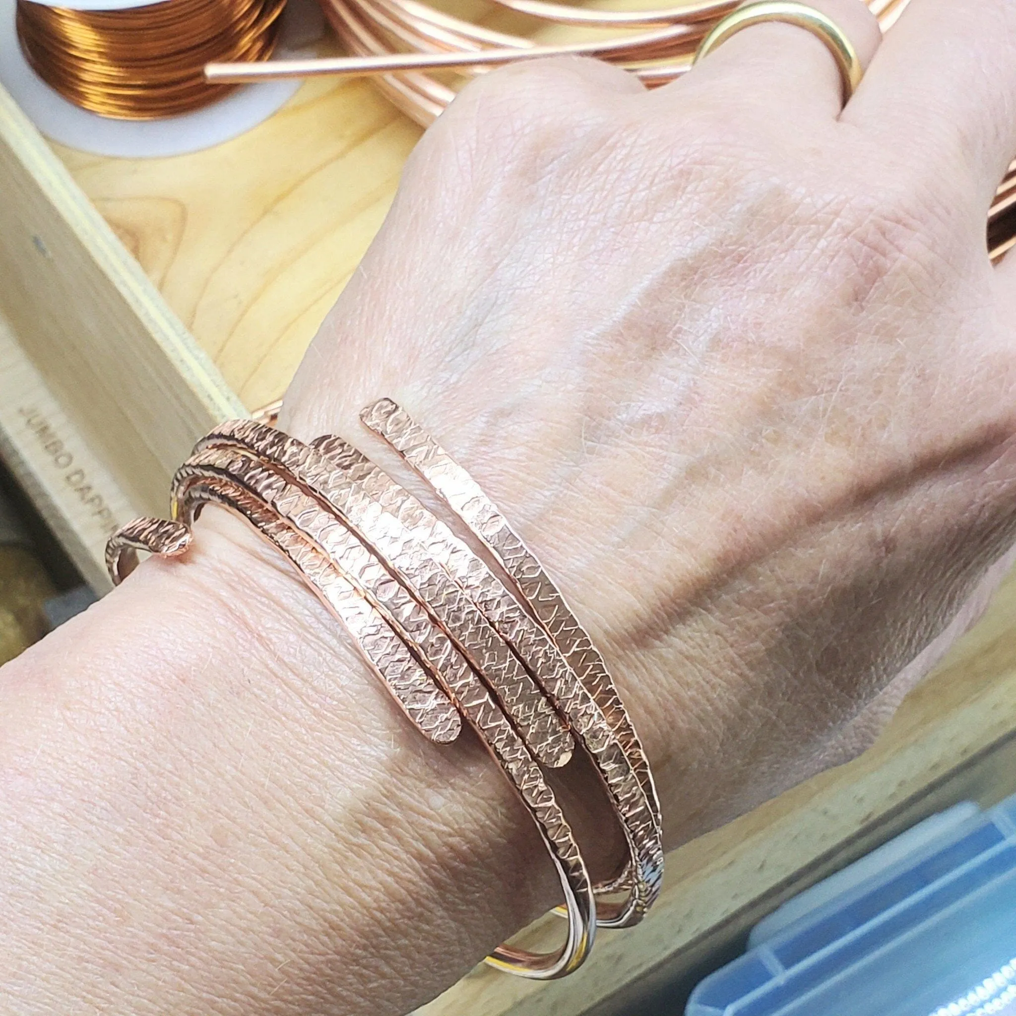 Adjustable Hammered Copper Overlap Bangle For Him or Her