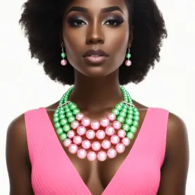 AKA Alpha Kappa Alpha Inspired Chunky Necklace Pink Green Pearl Bib Necklace Set