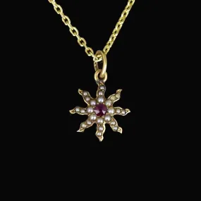 Antique 14K Gold Pearl Ruby Star Charm Pendant Necklace