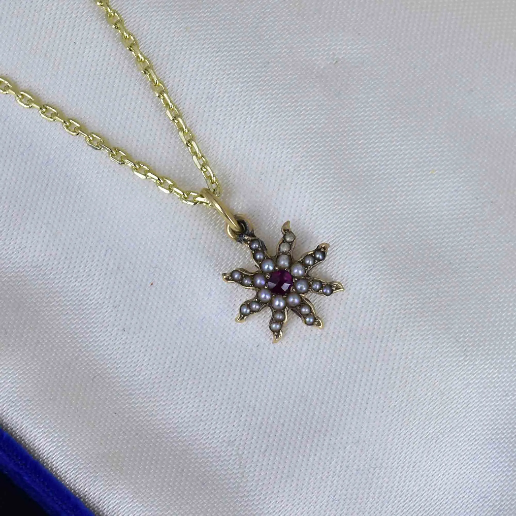 Antique 14K Gold Pearl Ruby Star Charm Pendant Necklace