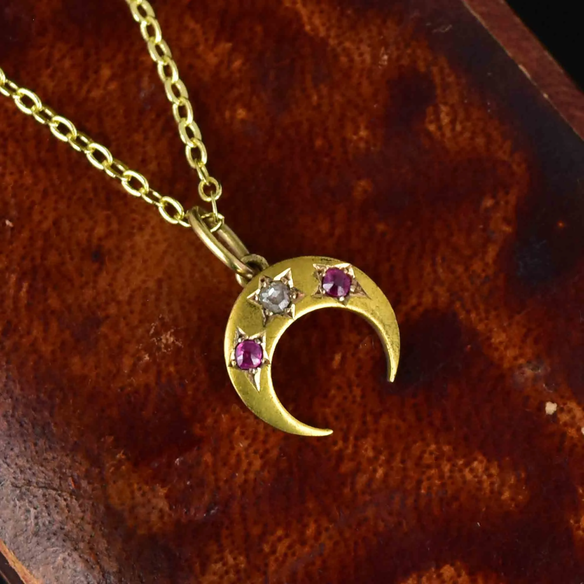 Antique 14K Gold Ruby Diamond Crescent Moon Pendant Necklace