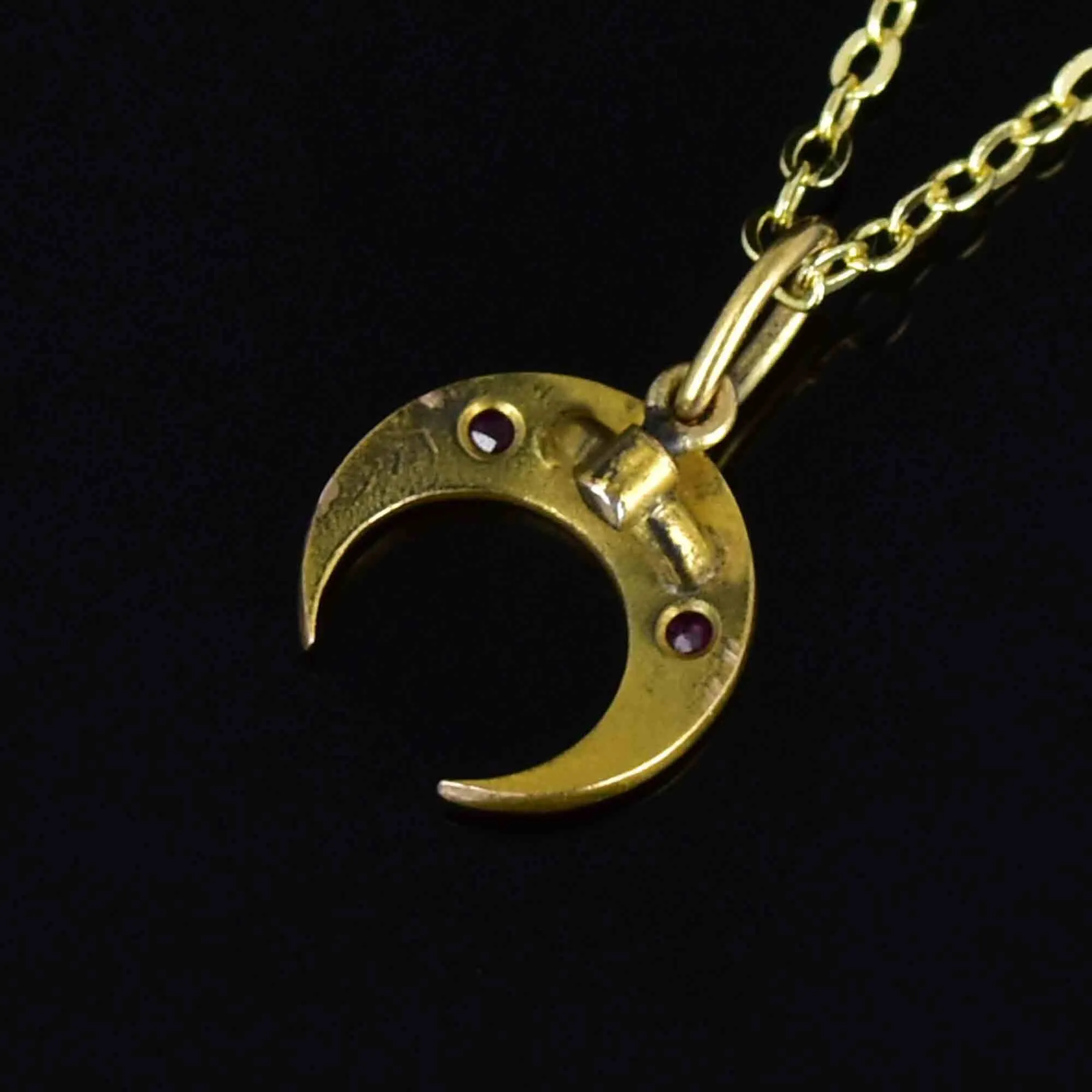 Antique 14K Gold Ruby Diamond Crescent Moon Pendant Necklace