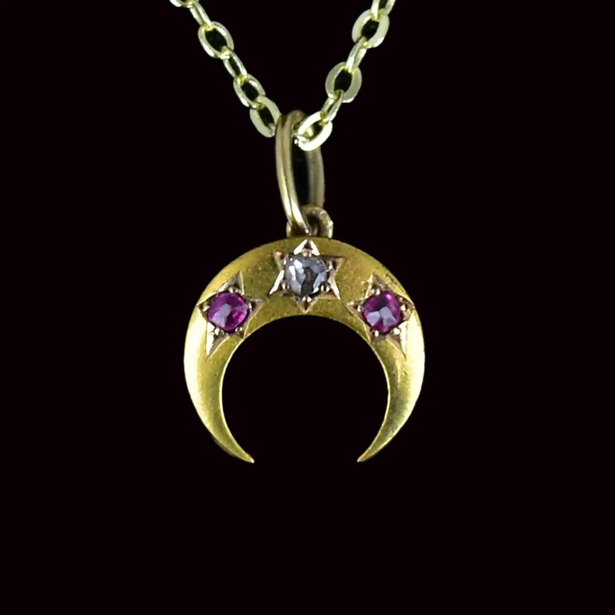 Antique 14K Gold Ruby Diamond Crescent Moon Pendant Necklace