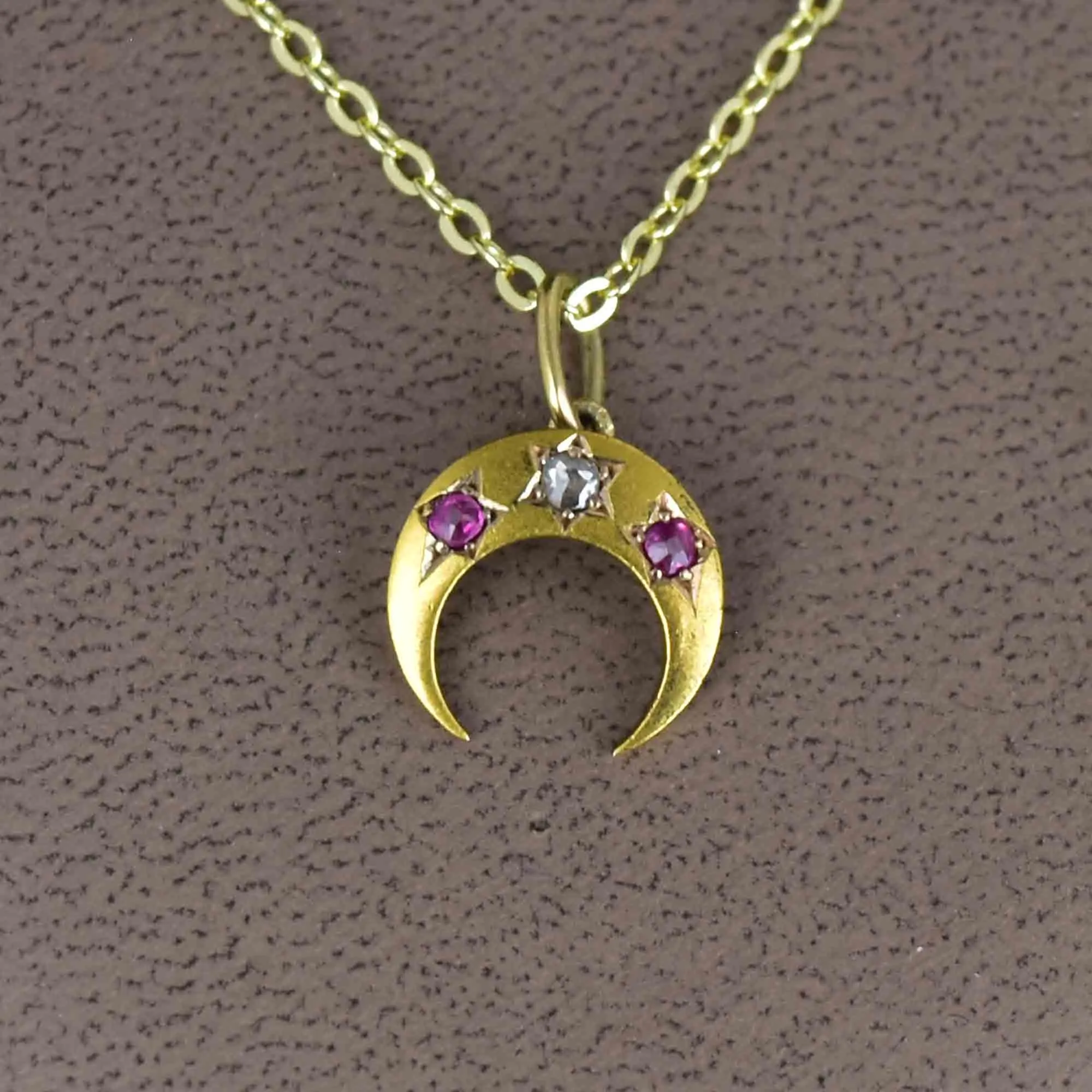 Antique 14K Gold Ruby Diamond Crescent Moon Pendant Necklace