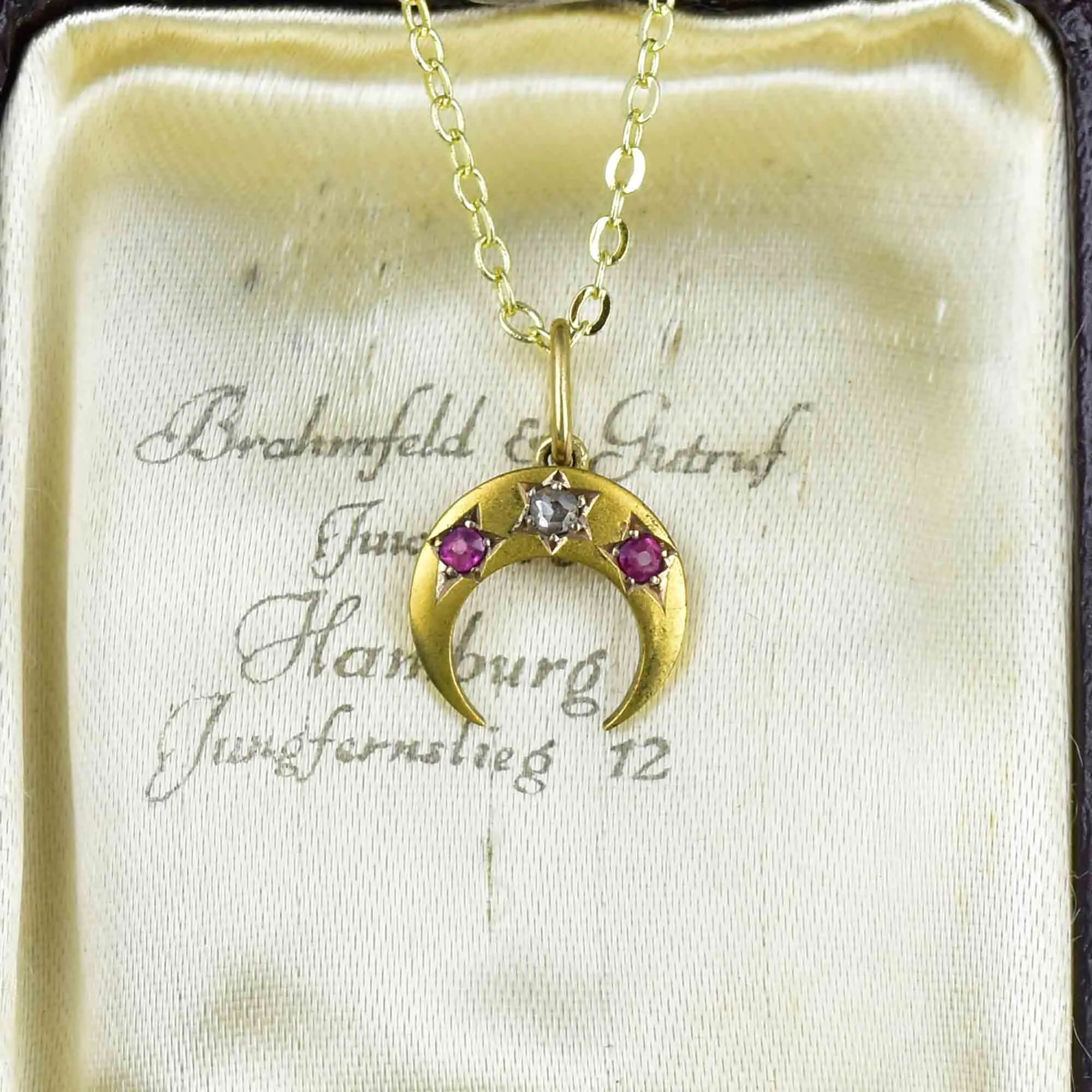 Antique 14K Gold Ruby Diamond Crescent Moon Pendant Necklace