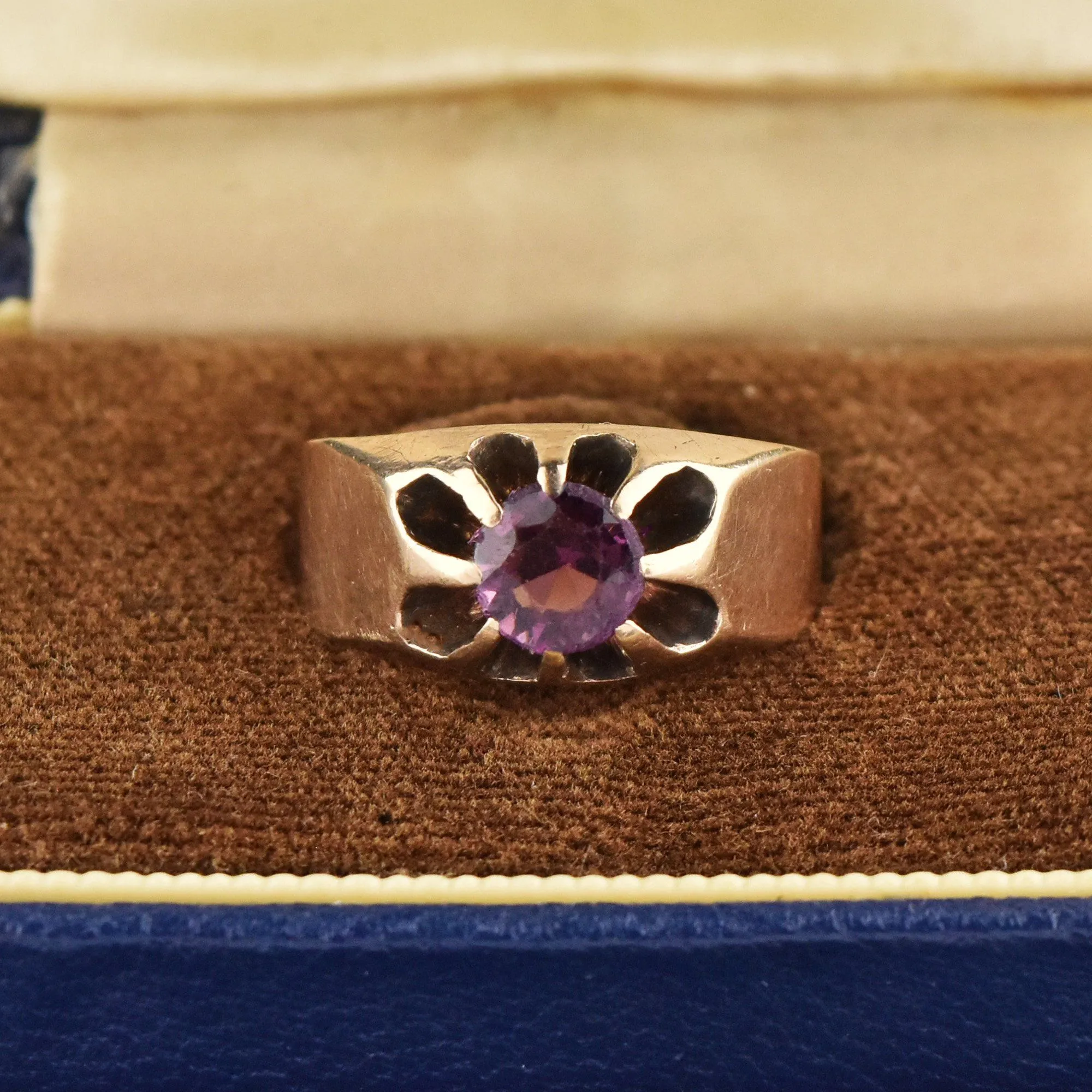 Antique Amethyst Gold Belcher Ring, Unisex Sz 7.75