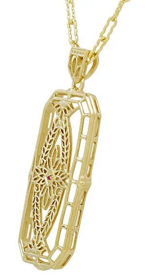 Art Deco Antique Inspired Filigree Ichthys Ruby Pendant Necklace in Yellow Gold Over Sterling Silver