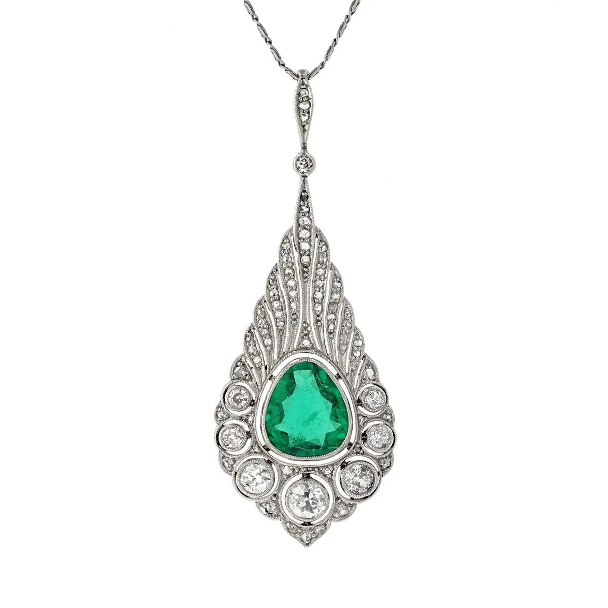 Art Deco Platinum Colombian Emerald and Diamond Pendant Necklace