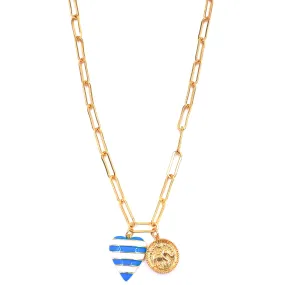 Ashley Gold Stainless Steel Gold Plated Enamel Blue And White Striped Heart And Elephant Coin Charm Necklace