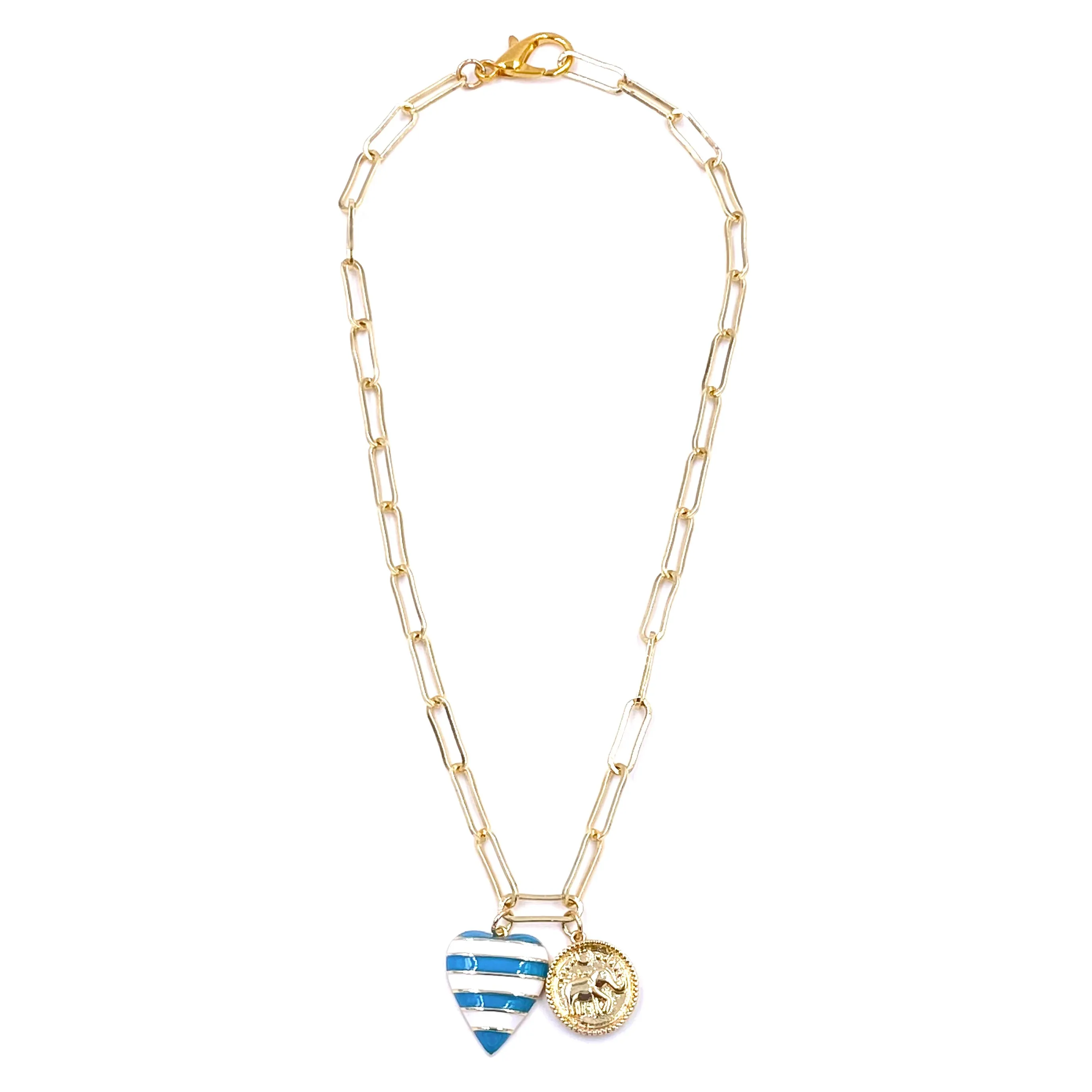 Ashley Gold Stainless Steel Gold Plated Enamel Blue And White Striped Heart And Elephant Coin Charm Necklace