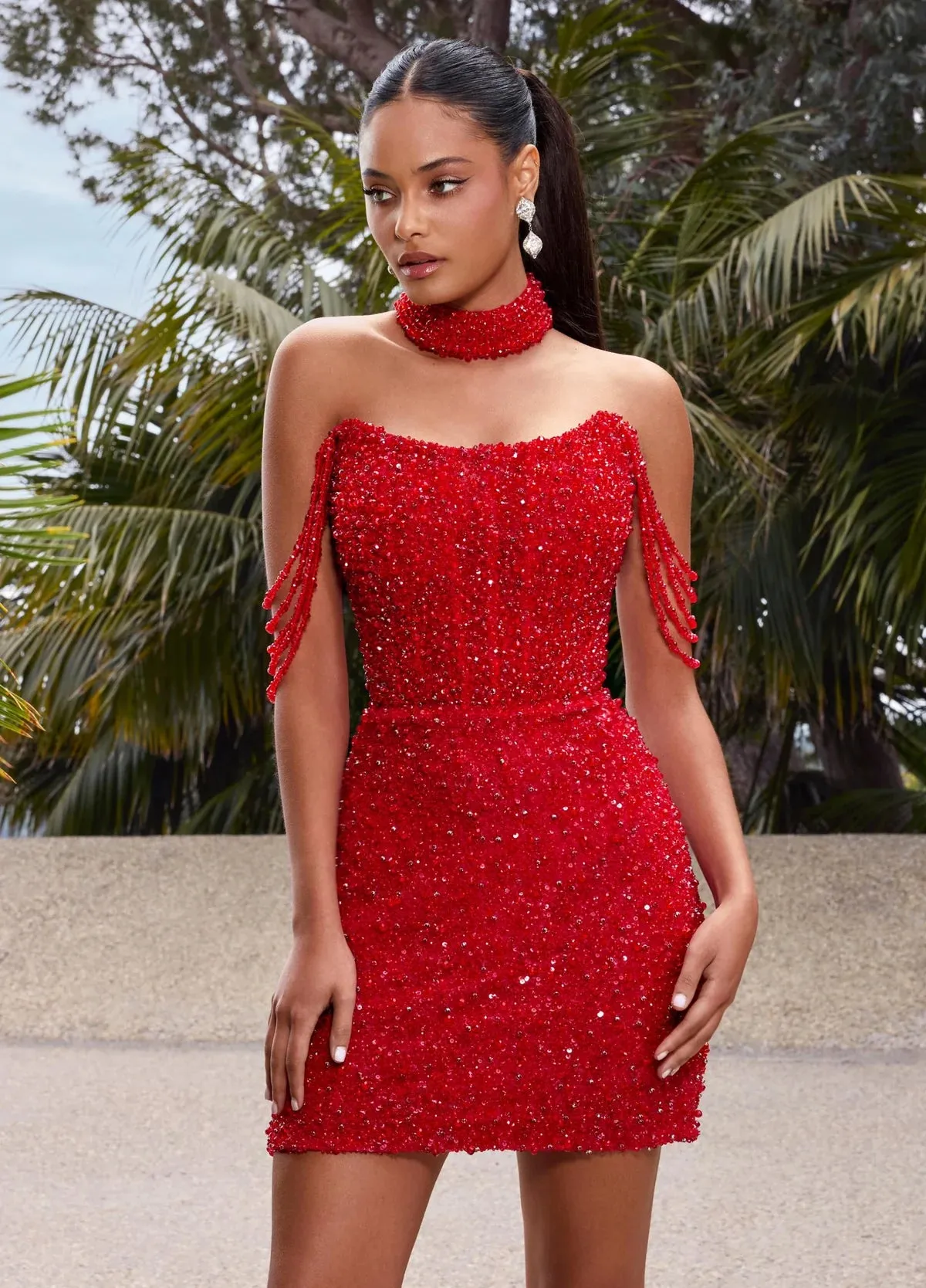 ASHLEYlauren 4758 beaded cocktail dress pearls crystal off the shoulder choker fitted