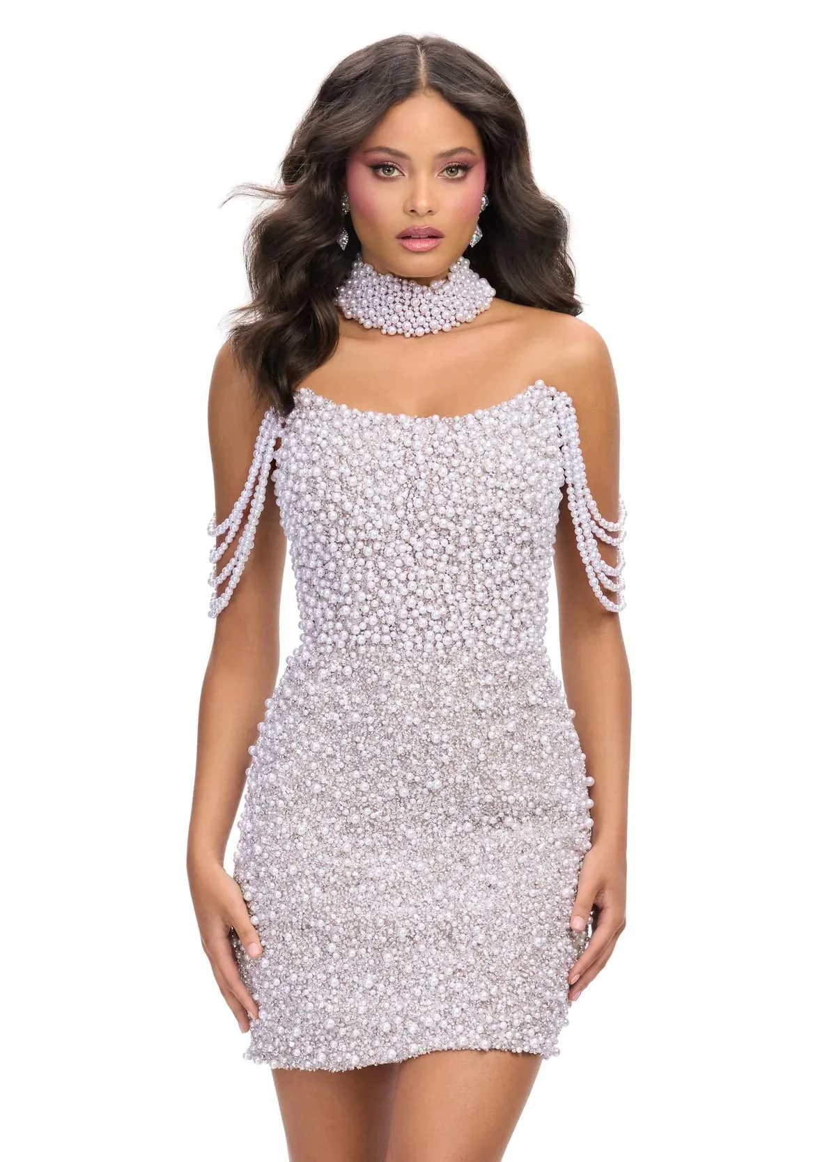 ASHLEYlauren 4758 beaded cocktail dress pearls crystal off the shoulder choker fitted