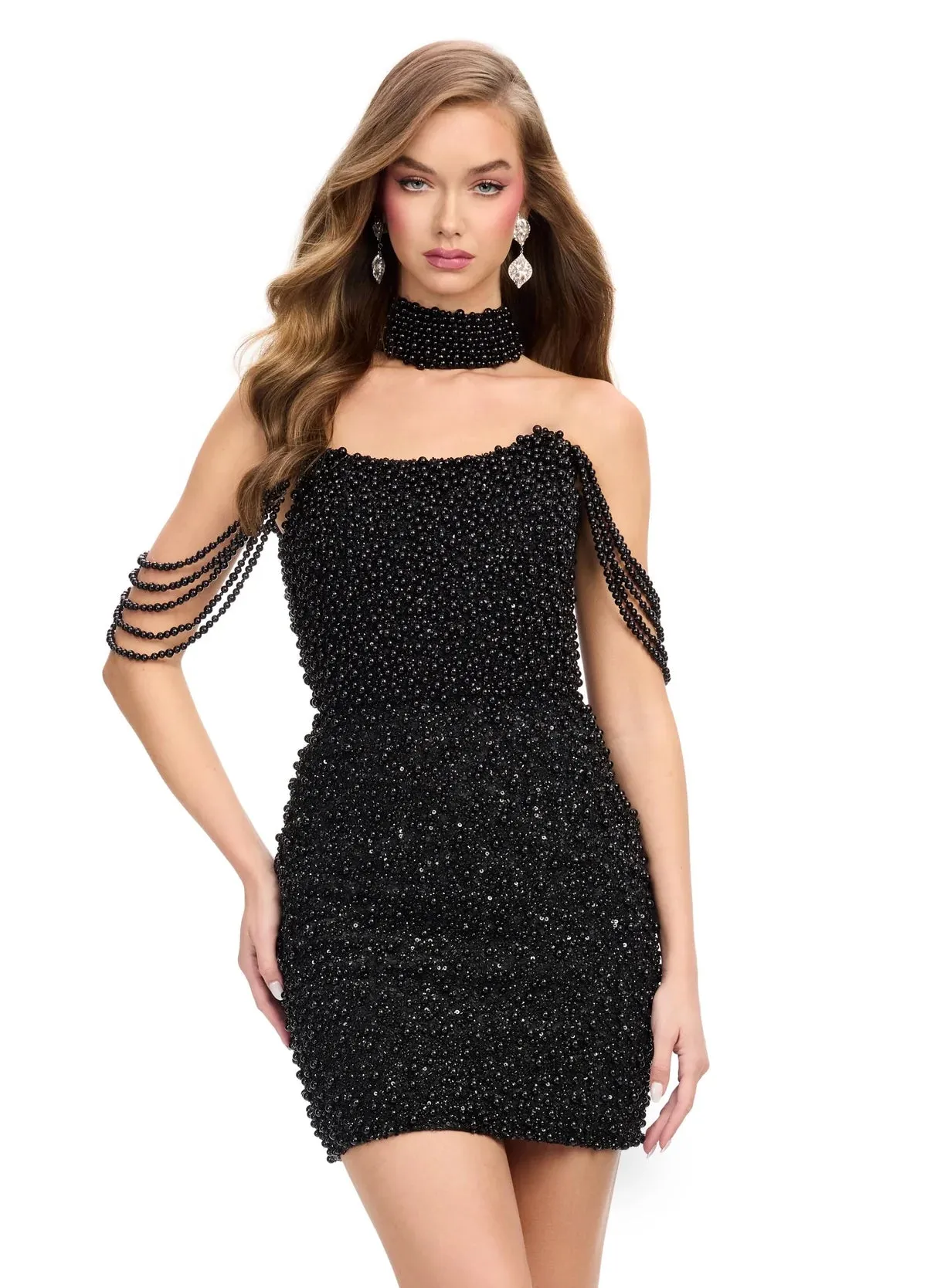 ASHLEYlauren 4758 beaded cocktail dress pearls crystal off the shoulder choker fitted