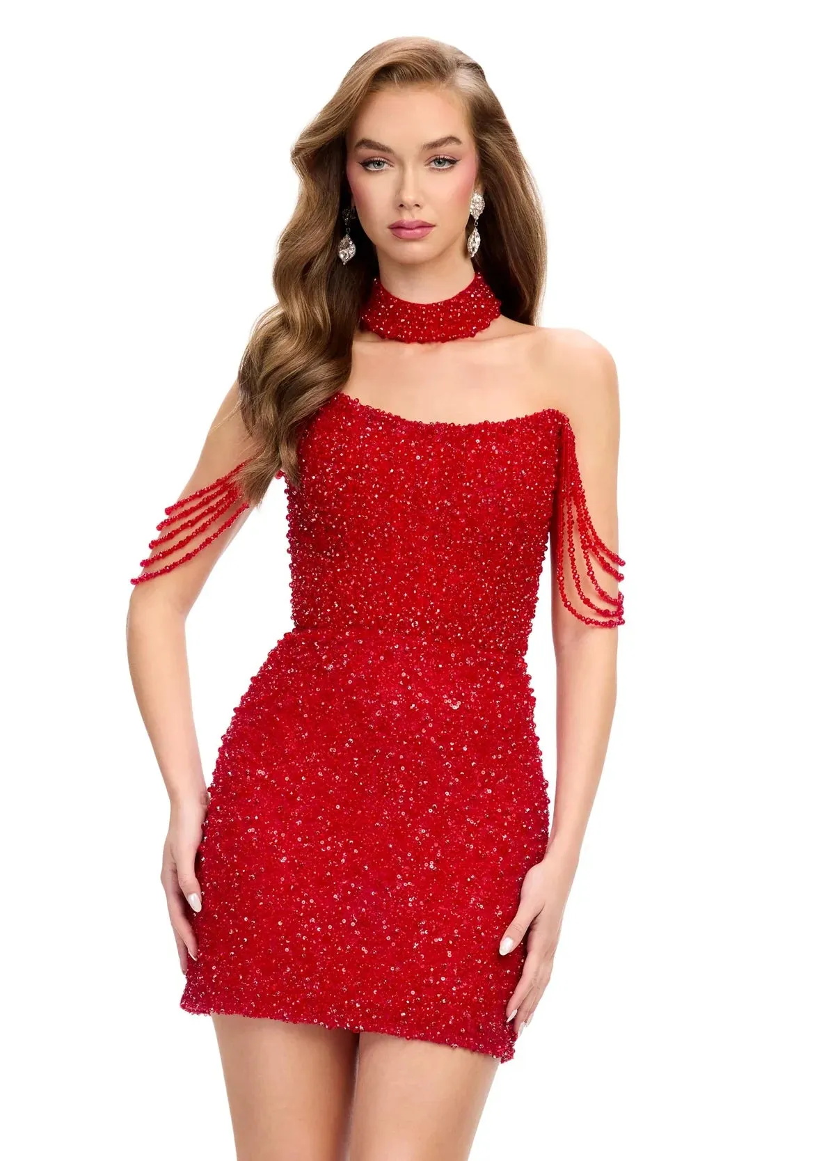 ASHLEYlauren 4758 beaded cocktail dress pearls crystal off the shoulder choker fitted