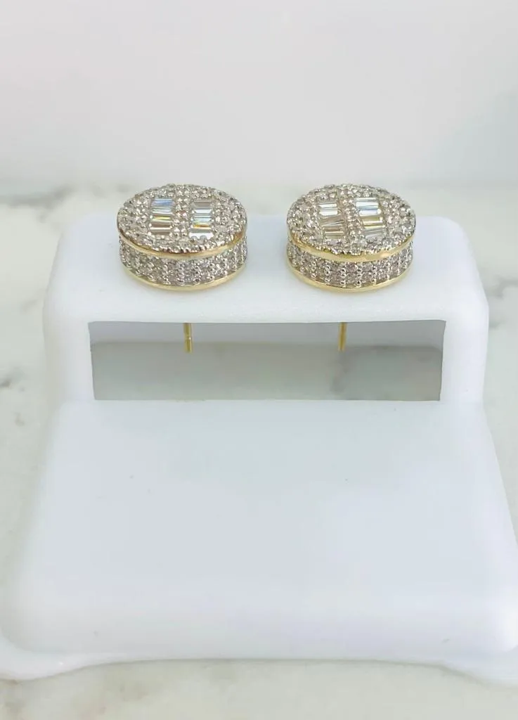 Baguette Round CZ Stones Earrings ● 14K Gold Real Earrings ● Baguette Stud Earrings 10x10mm ● Mens Womens Earrings