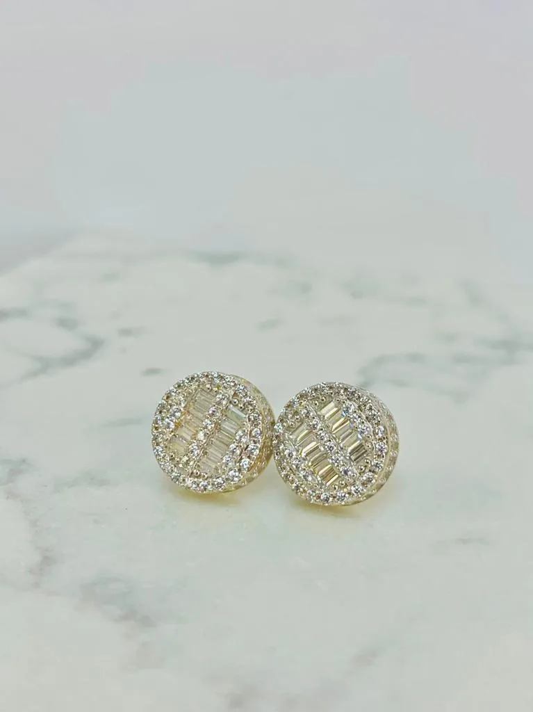 Baguette Round CZ Stones Earrings ● 14K Gold Real Earrings ● Baguette Stud Earrings 10x10mm ● Mens Womens Earrings