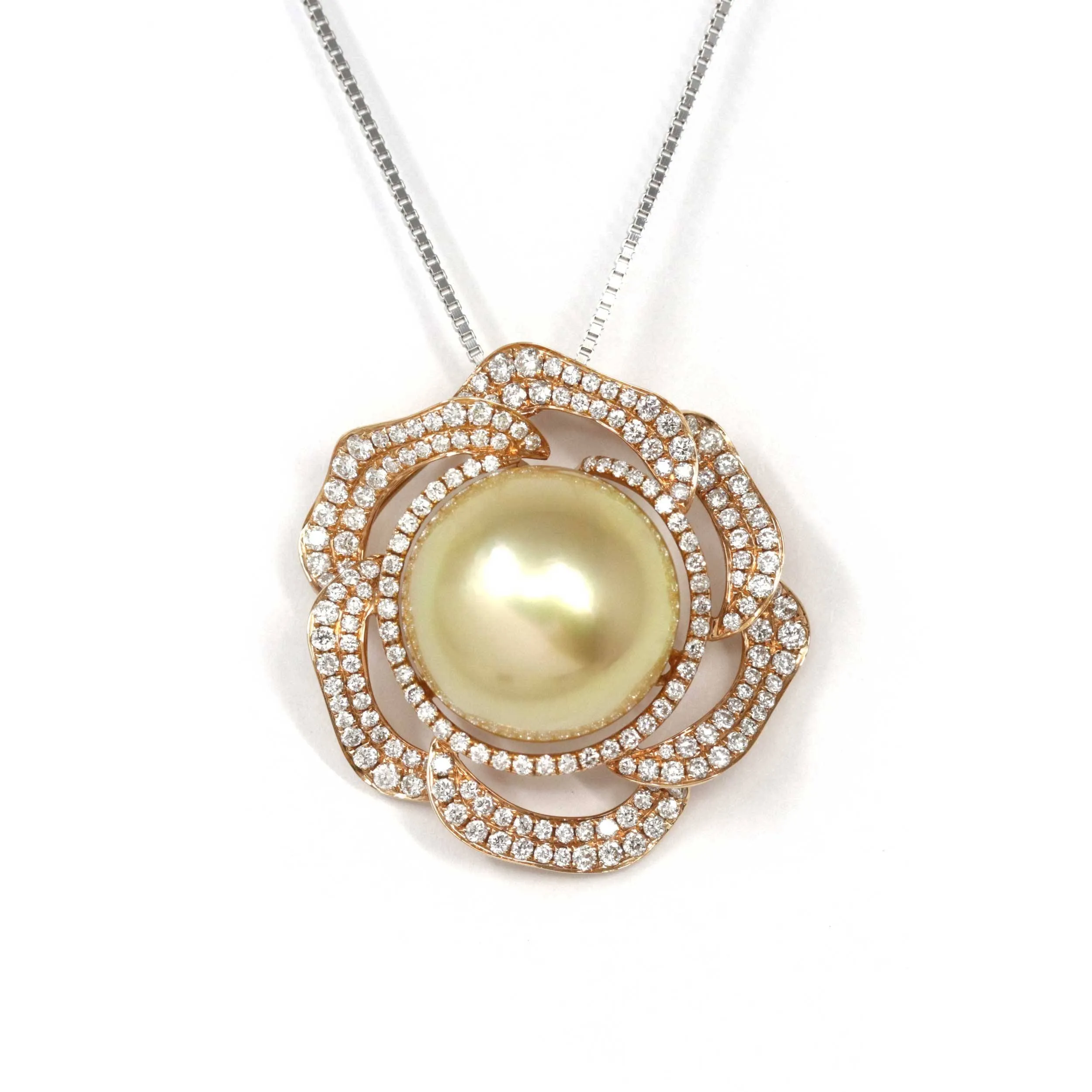 Baikalla Jewelry™ High-end 18k Gold Round Golden South Sea Cultured Pearl & Diamond Pendant Necklace AAA Quality