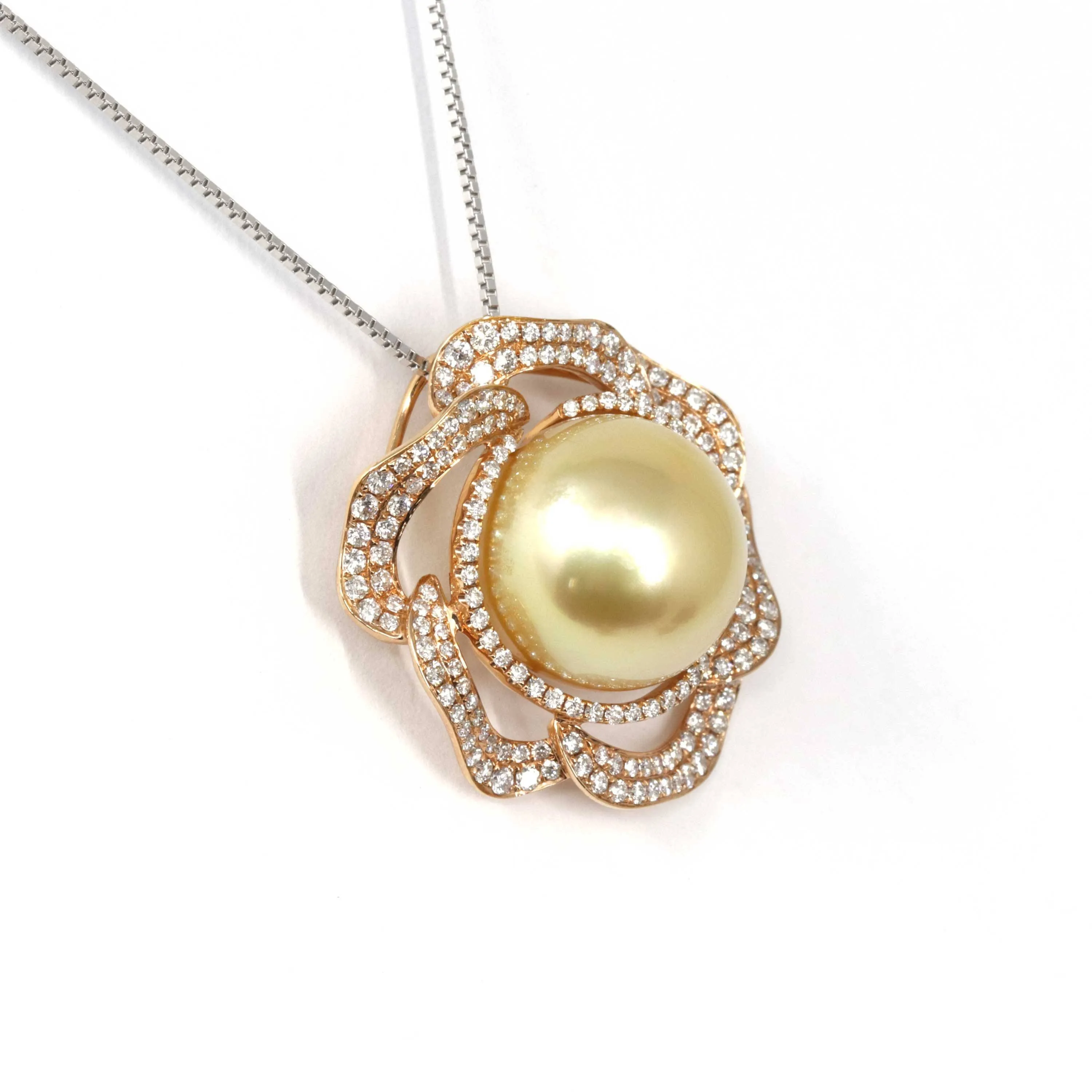 Baikalla Jewelry™ High-end 18k Gold Round Golden South Sea Cultured Pearl & Diamond Pendant Necklace AAA Quality