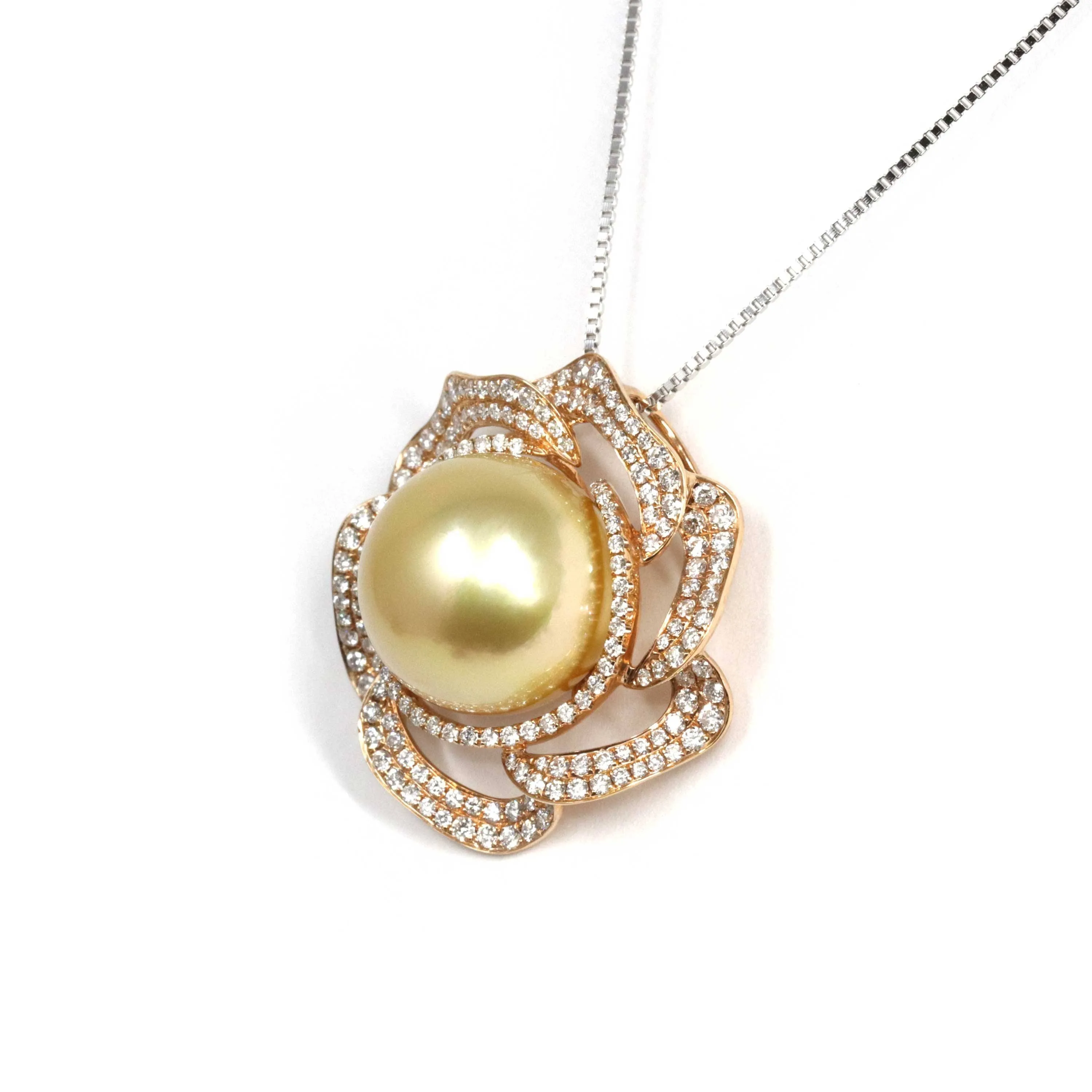 Baikalla Jewelry™ High-end 18k Gold Round Golden South Sea Cultured Pearl & Diamond Pendant Necklace AAA Quality