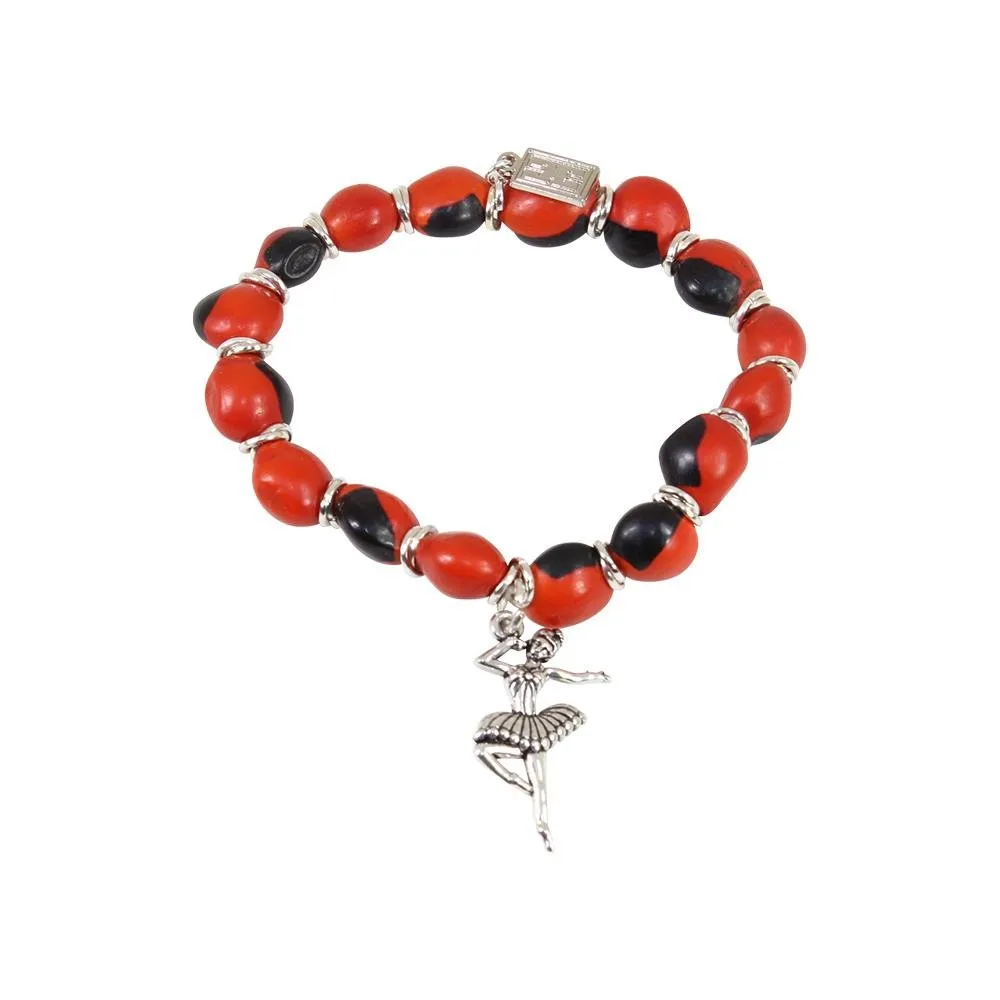 Ballerina Dance Charm Stretchy Bracelet w/Meaningful Good Luck, Prosperity, Love Huayruro Seeds