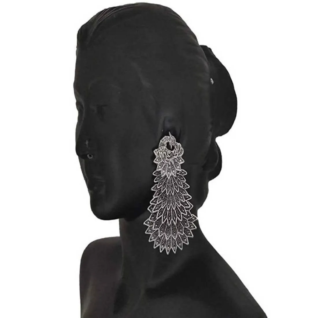 BANDISH Oxidised Silver Antique Peacock Drop Earrings