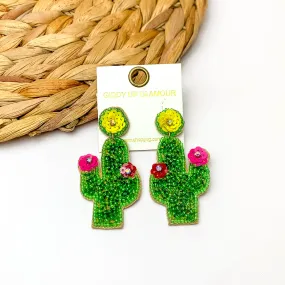 Beaded Cactus Earrings With Multicolor Flowers in Green