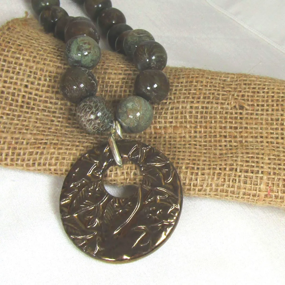 Big Dark Green Gemstone Beads & Handmade Fair Trade Pendant