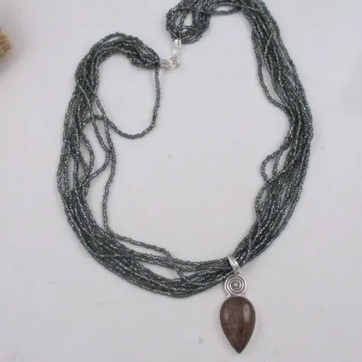 Black  Grey Multi-strand Seed Bead Necklace with Gemstone Pendant