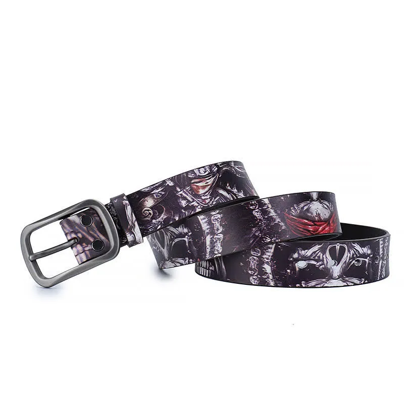 Black Red Goth Graffiti Pattern Genuine Leather Belt