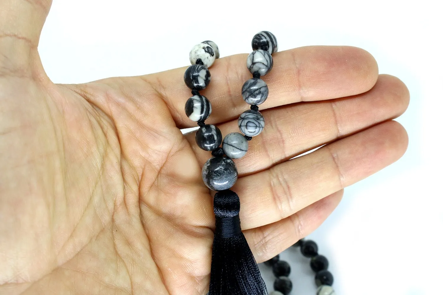 Black Veined Jasper Mala Beads Necklace - "I am Determined"