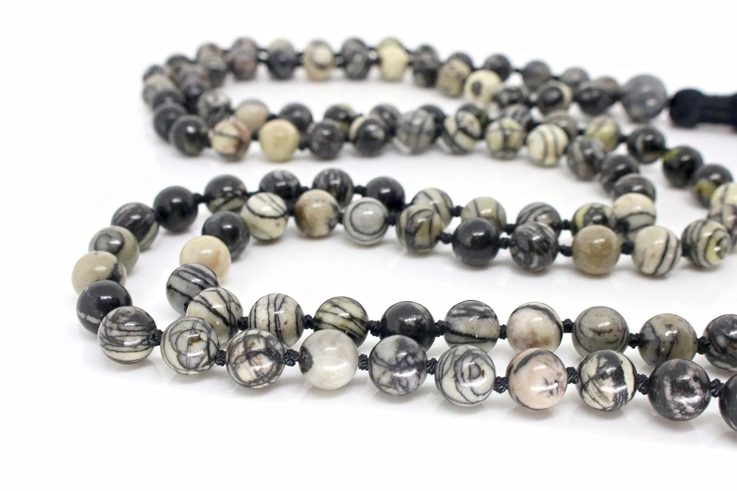 Black Veined Jasper Mala Beads Necklace - "I am Determined"