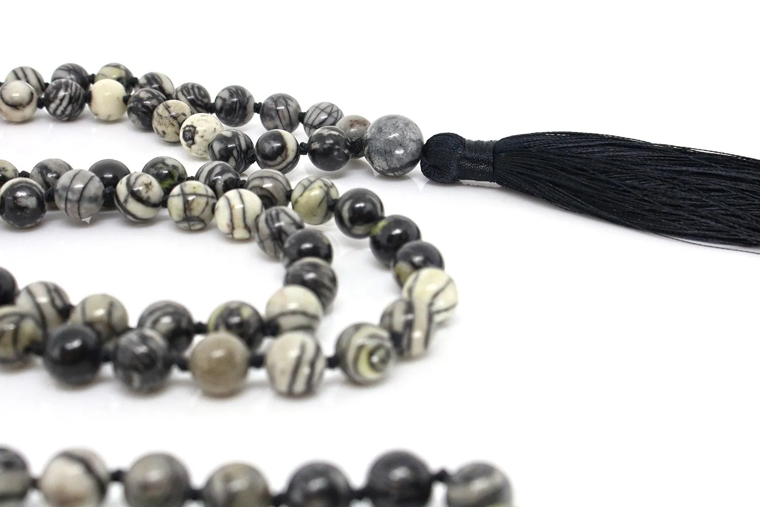 Black Veined Jasper Mala Beads Necklace - "I am Determined"