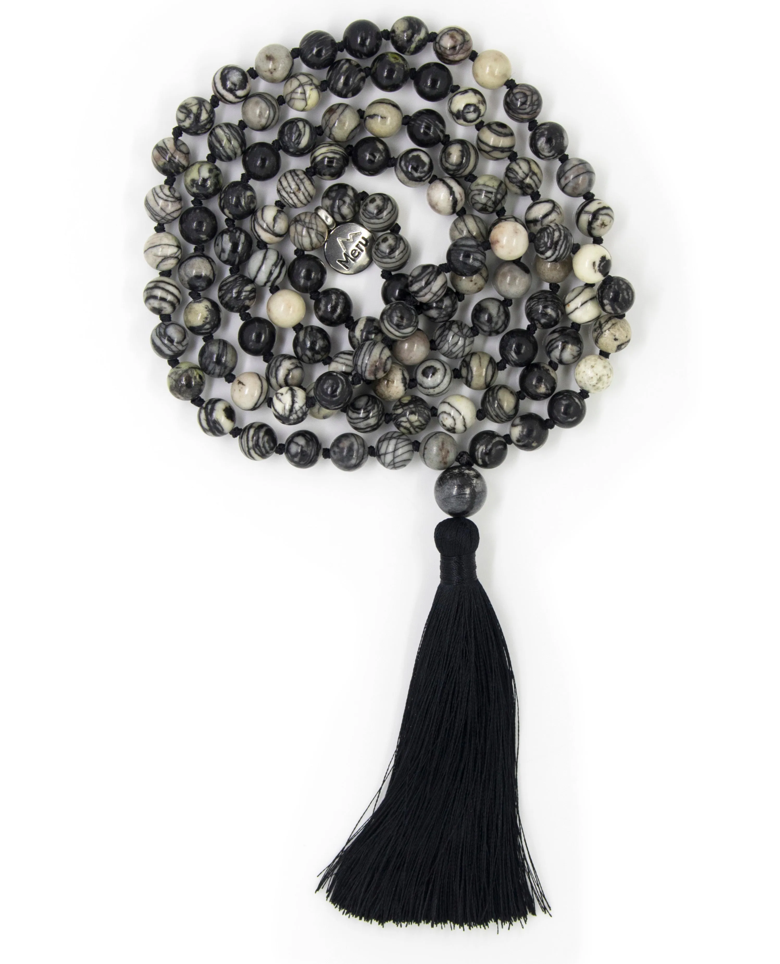 Black Veined Jasper Mala Beads Necklace - "I am Determined"