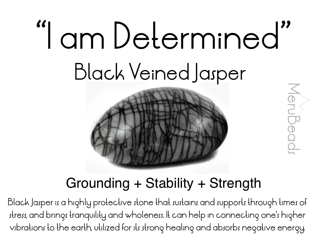 Black Veined Jasper Mala Beads Necklace - "I am Determined"