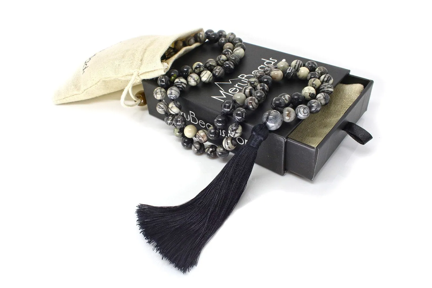 Black Veined Jasper Mala Beads Necklace - "I am Determined"