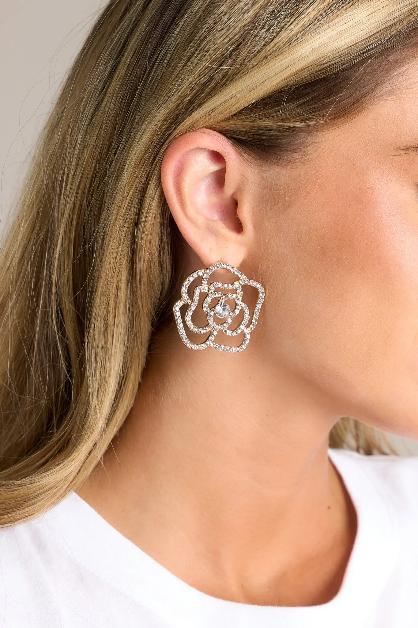 Blossoming Within Gold Rhinestone Flower Earrings