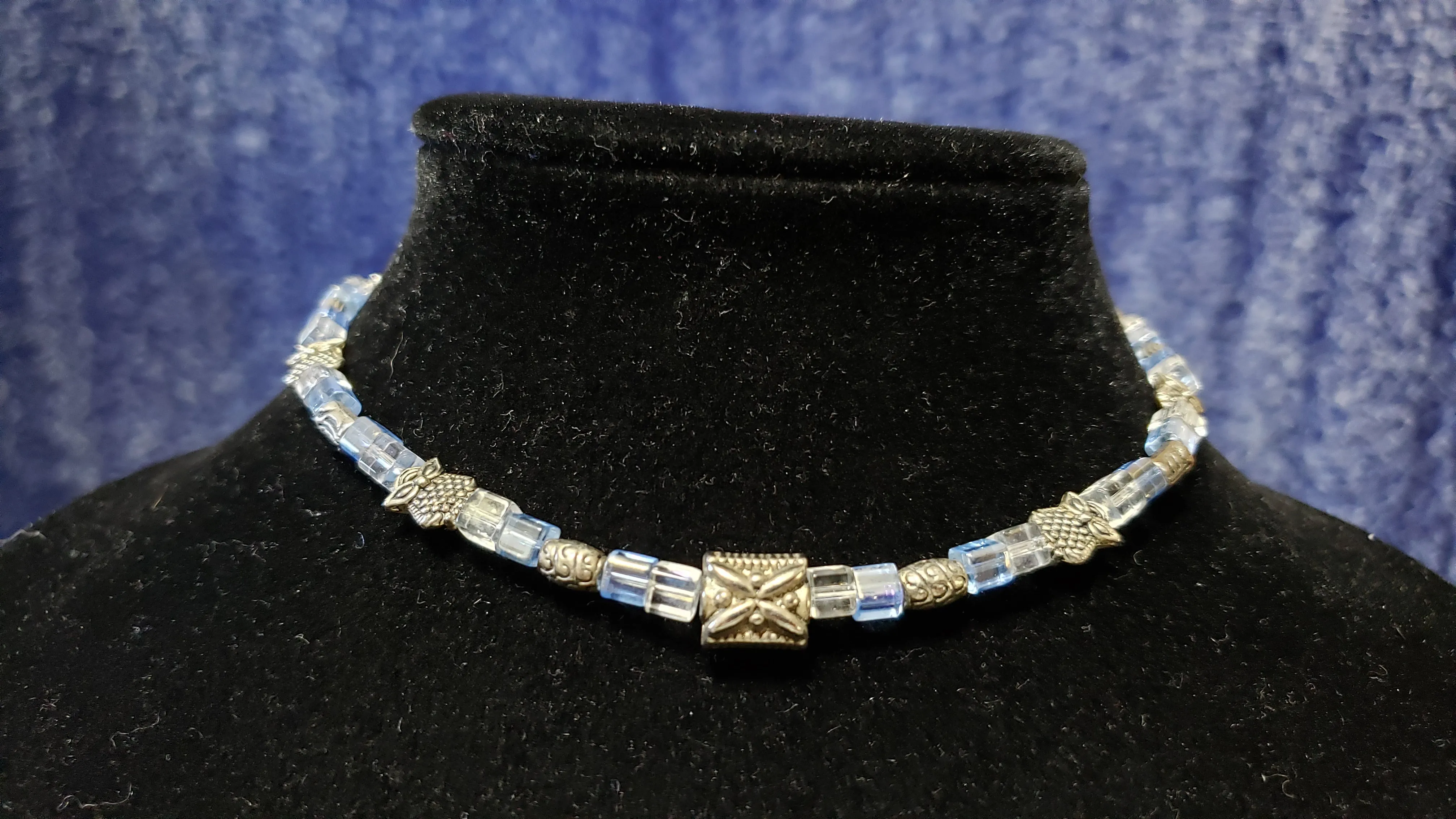 Blue Glass Bead Choker Necklace with Metal Spacers and Owl Accents. 13.5" with Screw Clasp.