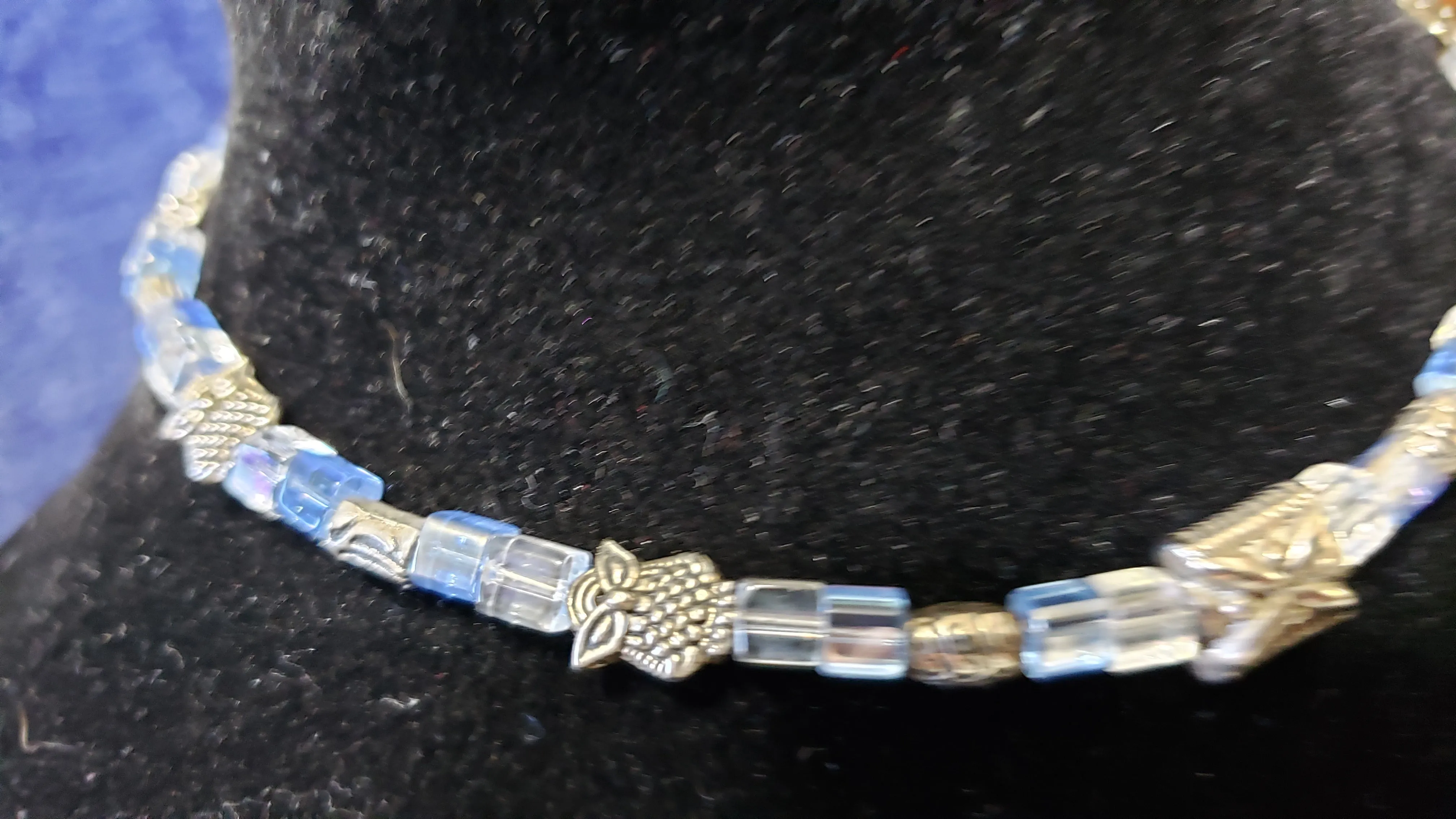 Blue Glass Bead Choker Necklace with Metal Spacers and Owl Accents. 13.5" with Screw Clasp.