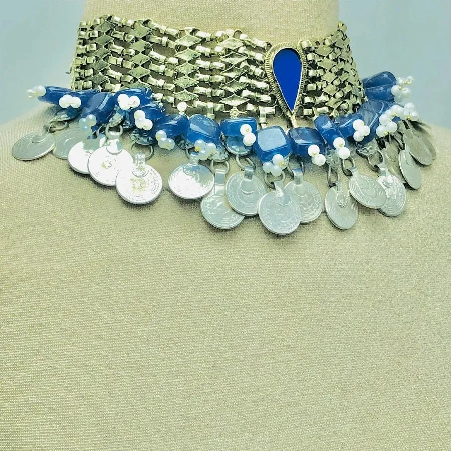 Blue Vintage Statement Coins Choker Necklace