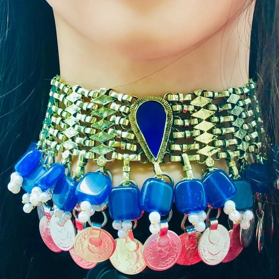 Blue Vintage Statement Coins Choker Necklace