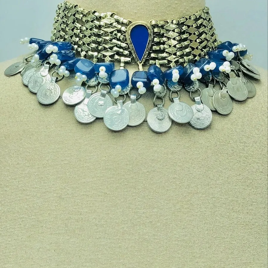 Blue Vintage Statement Coins Choker Necklace