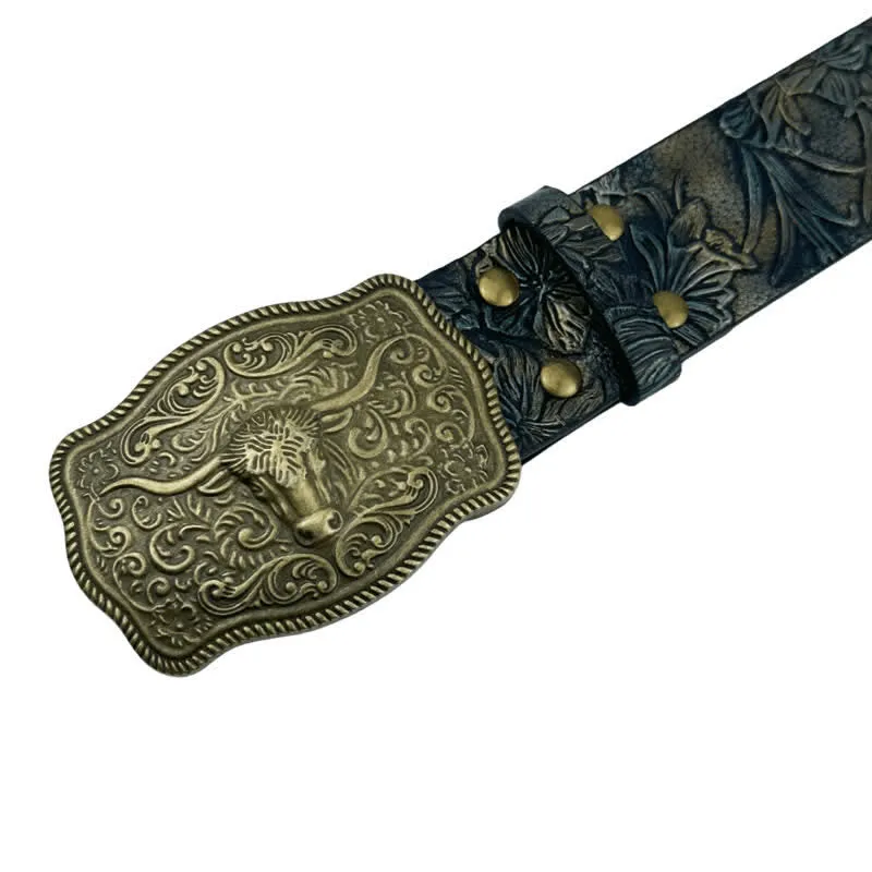 Boho Style Cow Head Western Embossed Leather Belt