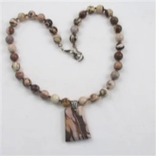 Brown Zebra Jasper Gemstone Pendant on  Beaded  Necklace