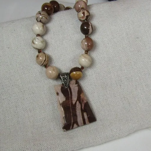 Brown Zebra Jasper Gemstone Pendant on  Beaded  Necklace