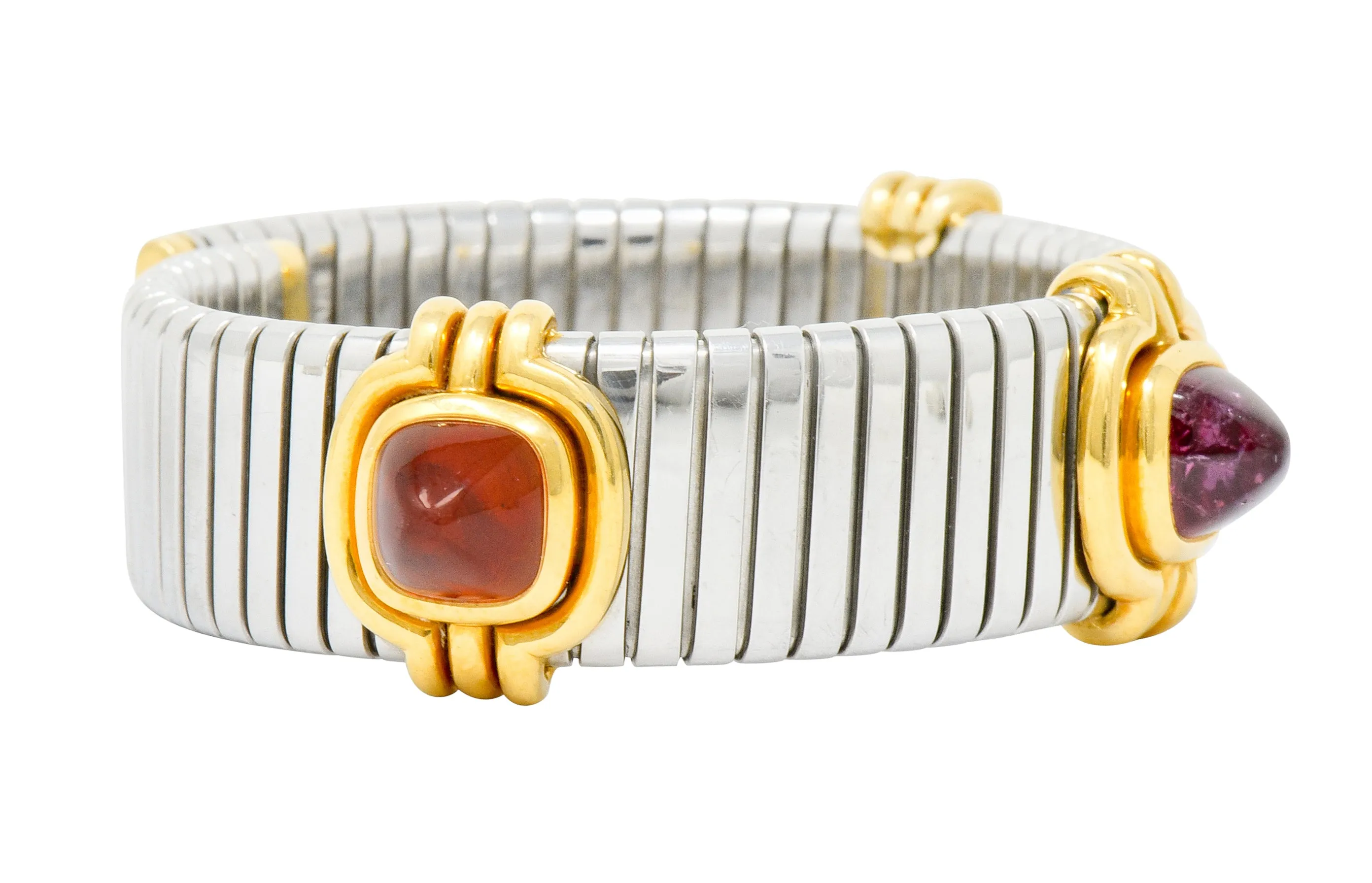 Bulgari Vintage Citrine Peridot Tourmaline Stainless Steel 18 Karat Gold Tubogas Cuff Bracelet