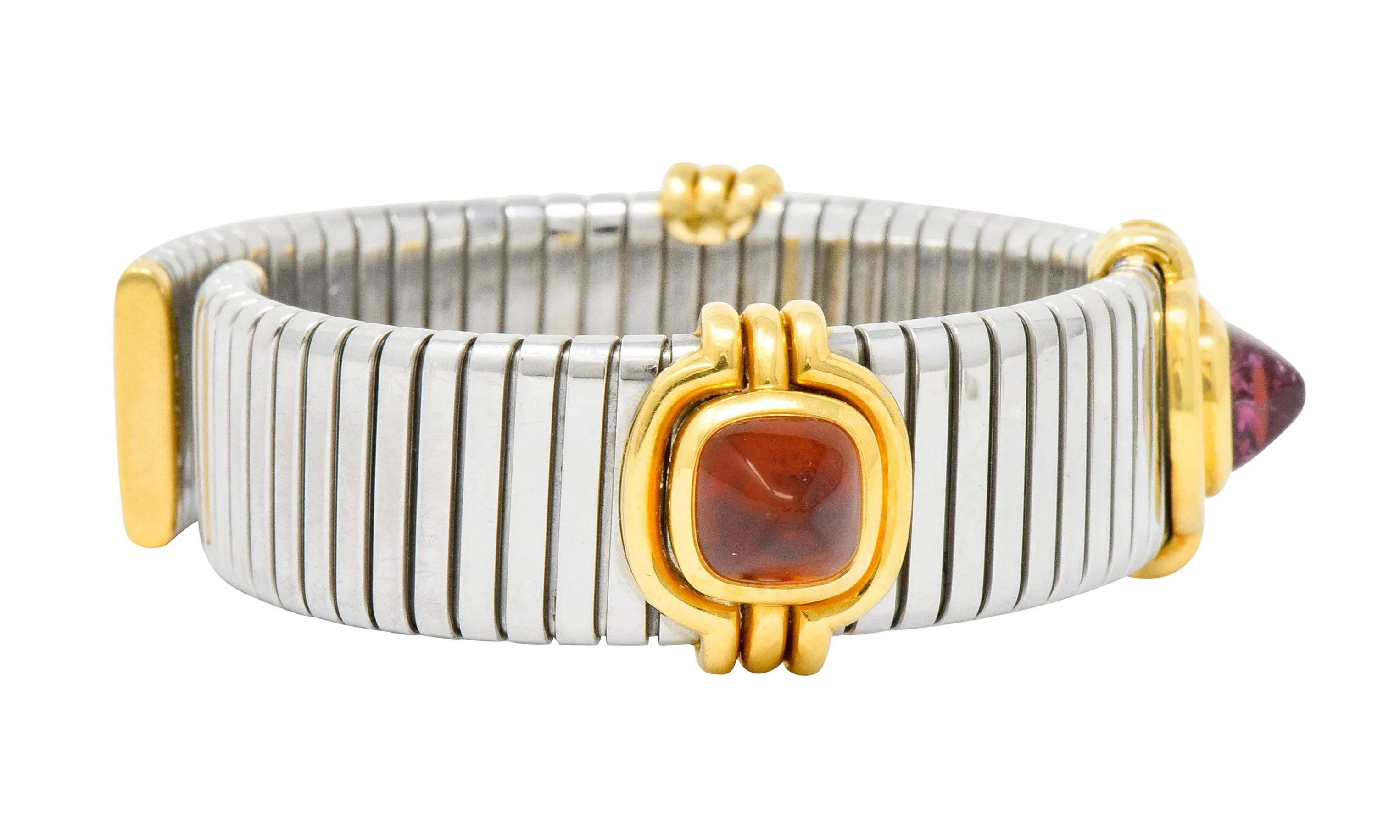 Bulgari Vintage Citrine Peridot Tourmaline Stainless Steel 18 Karat Gold Tubogas Cuff Bracelet