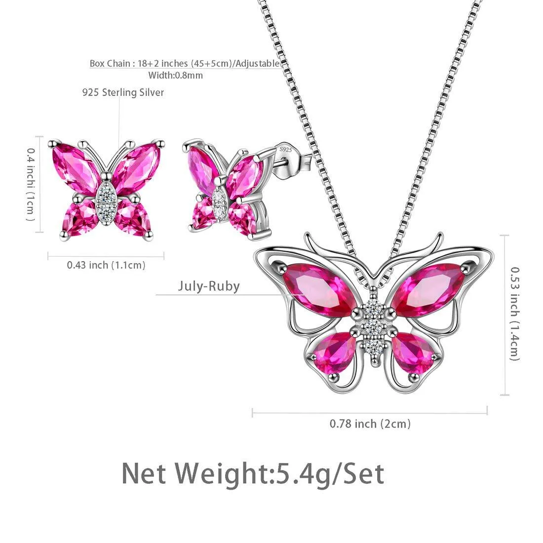 Butterfly Jewelry Set Birthstone July Ruby Women Girls Birthday Gift