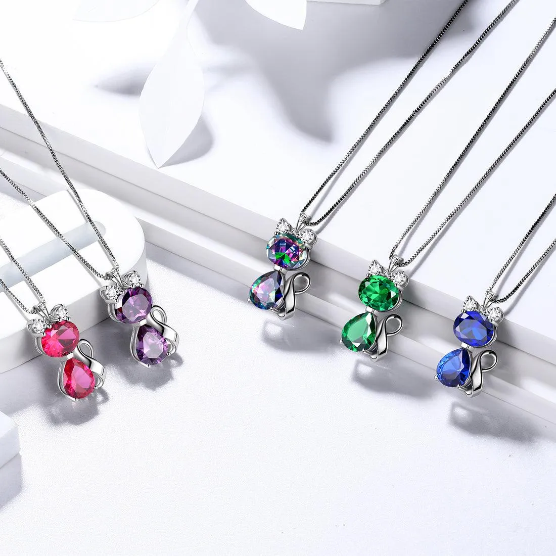 Cat Birthstone July Ruby Necklace Women Girls Jewelry Birthday Gift Sterling Silver