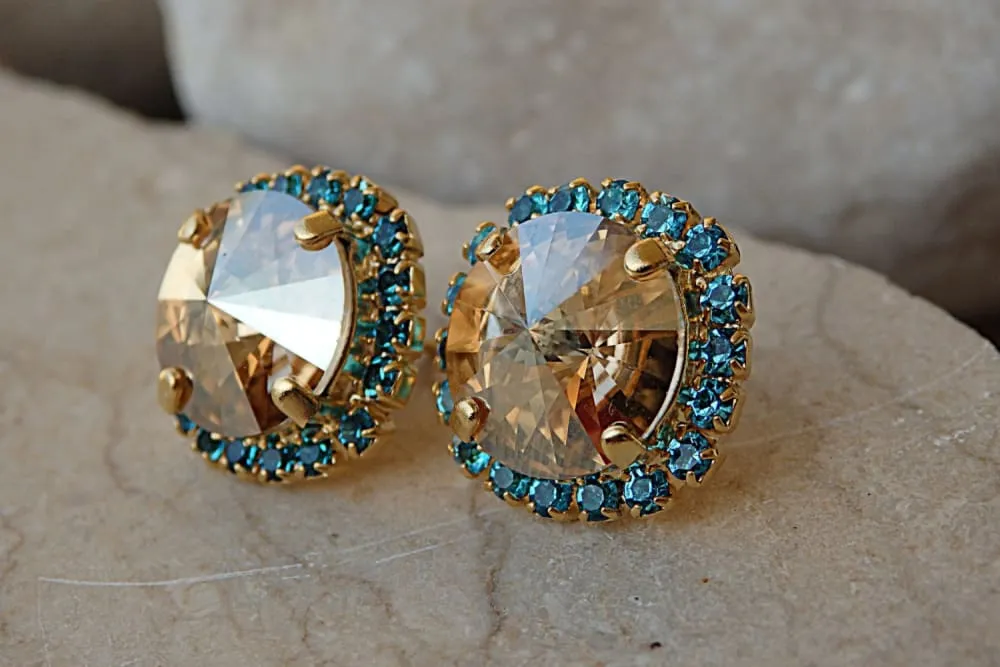 Champagne and Blue Stud Earrings