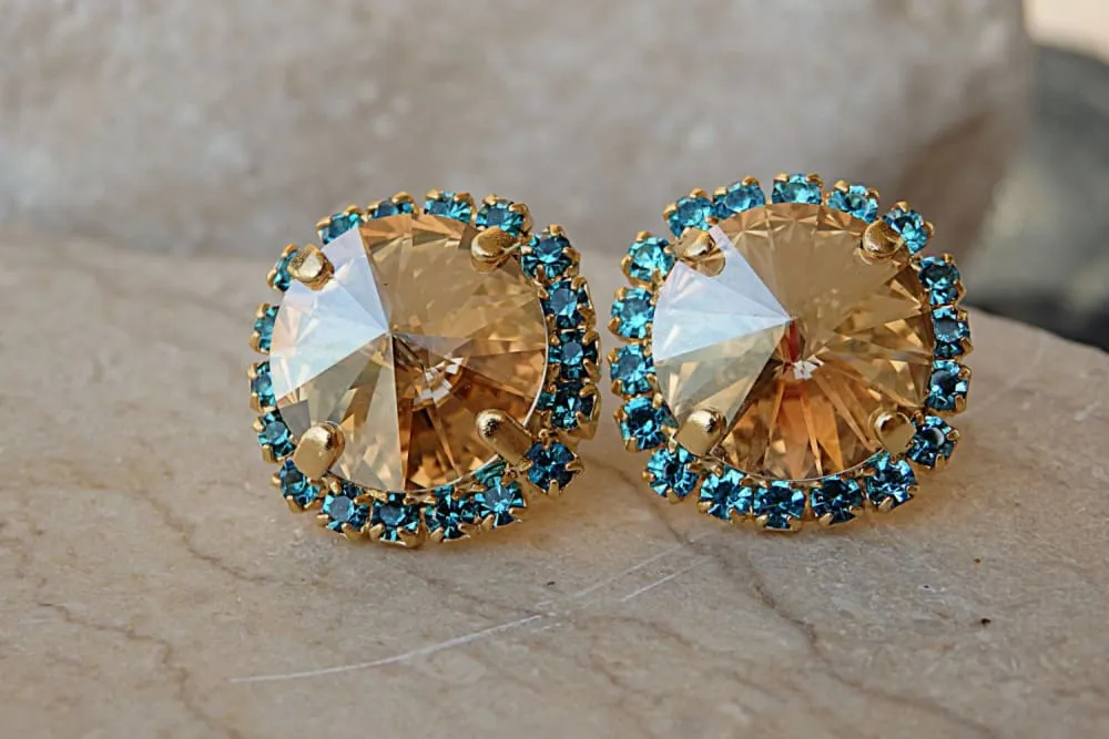 Champagne and Blue Stud Earrings